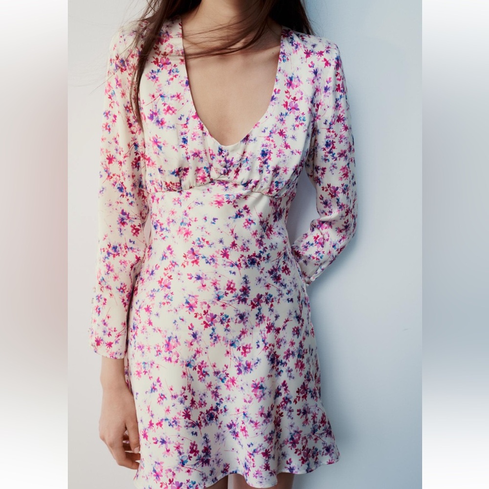 Floral V-Neck Long Sleeve Mini Dress - Cream with Pink & Purple Flowers